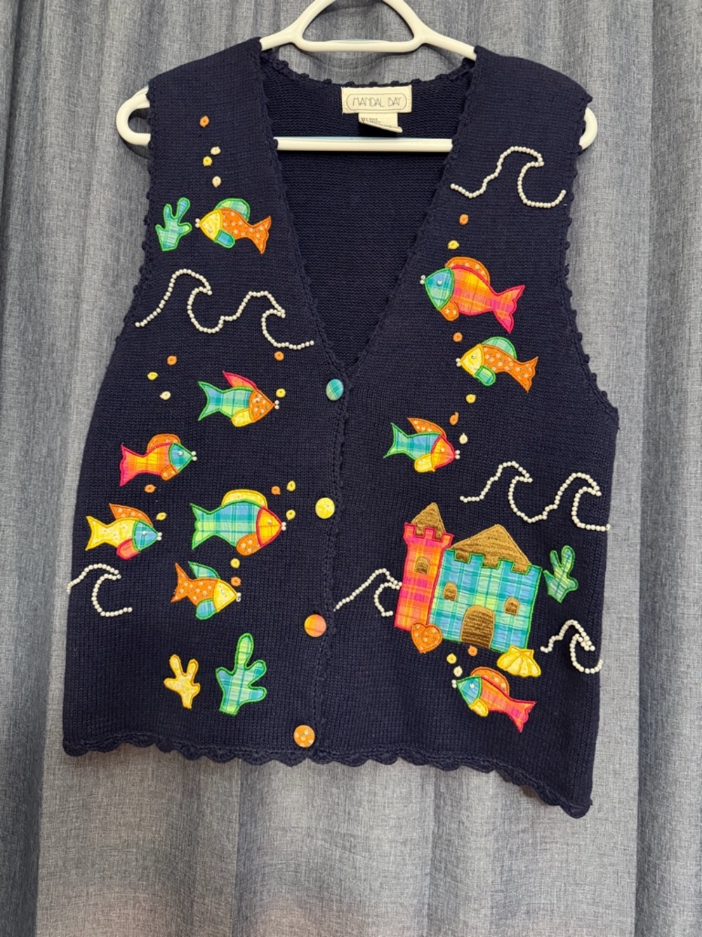 Navy Knit Fish & Castle Applique Vest M